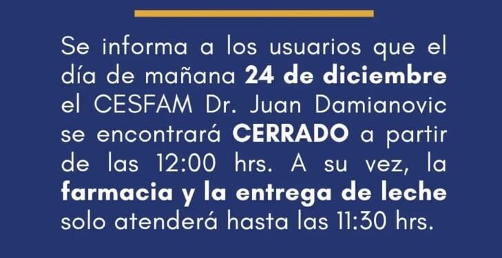 Cesfam Damianovic cerrará sus puertas este 24 de diciembre.