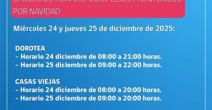 Modifican horario de atención en pasos fronterizos por navidad.