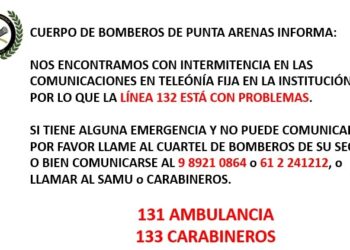 El cuerpo de bomberos de Punta Arenas comunica que esta con problemas la línea 132. Se entregan otras alternativas ante emergencias.