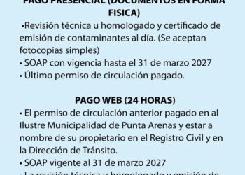 Municipalidad de Punta Arenas informa requisitos para renovar el Permiso de Circulación 2026