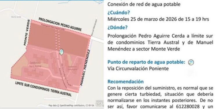 Corte programado de agua potable afectará a sector norte de Punta Arenas este miércole