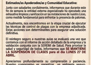 Continua suspensión de clases por control de plaga de palomas en liceo