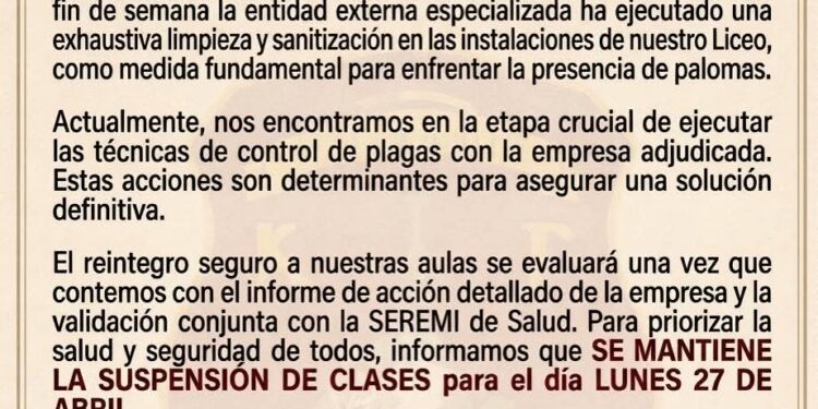 Continua suspensión de clases por control de plaga de palomas en liceo