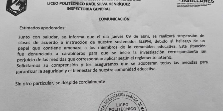 Suspensión de clases en liceo de Punta Arenas tras hallazgo de amenaza