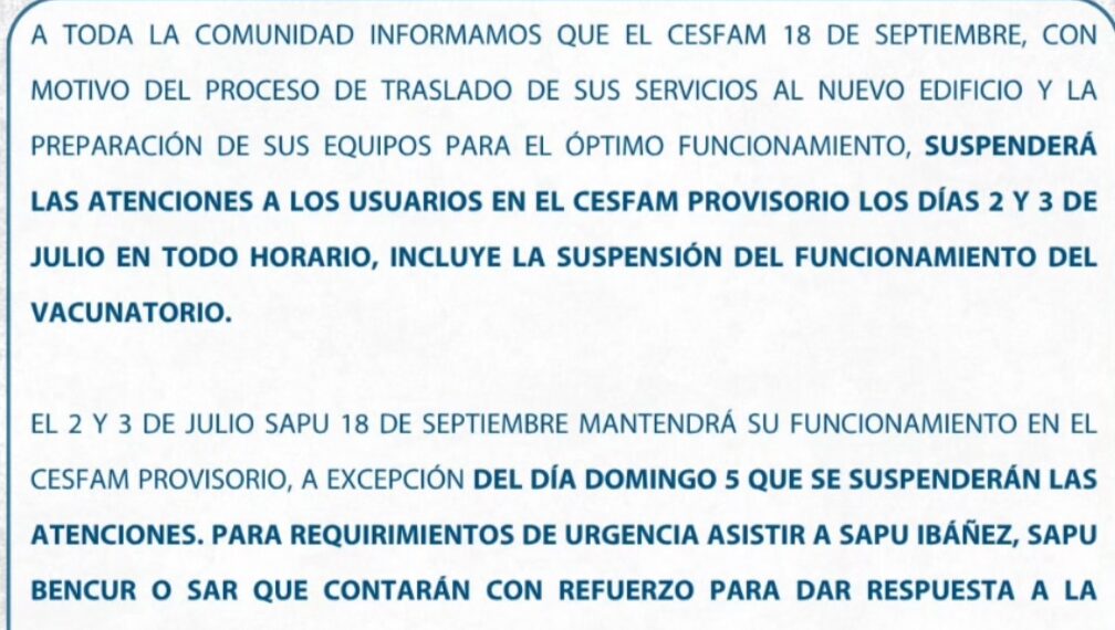 Por traslado a nuevas dependencias: CESFAM 18 de Septiembre anuncia suspensión temporal de atenciones y entrega anticipada de medicamentos.