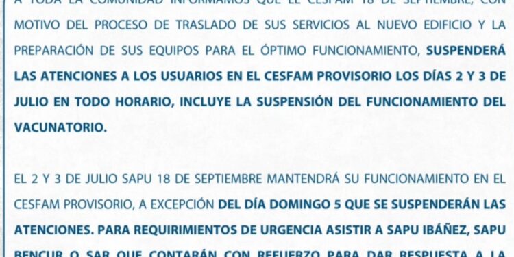 Por traslado a nuevas dependencias: CESFAM 18 de Septiembre anuncia suspensión temporal de atenciones y entrega anticipada de medicamentos.