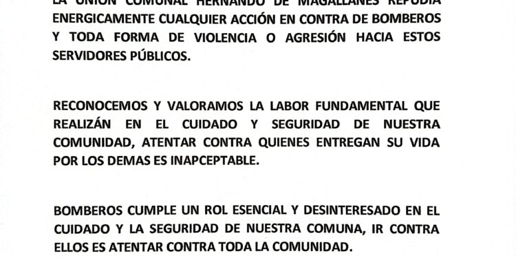 Unión Comunal «Hernando de Magallanes» repudia enérgicamente agresión a Bomberos y entrega su total respaldo a la institución.