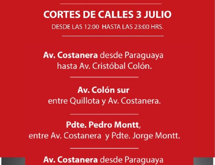 Aplican cortes de tránsito en Avda. Costanera por masivo concierto de Los Bunkers en Las Invernadas.