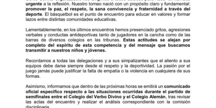 Comité Organizador del Campeonato Patagónico de Básquetbol por la Paz realiza llamado urgente ante hechos de violencia