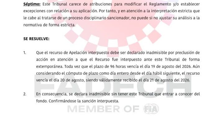 Fadech declara inadmisible apelación de piloto Petre Aguilera , recurso fue interpuesto ante este Tribunal de forma extemporánea, manifestó el organismo.