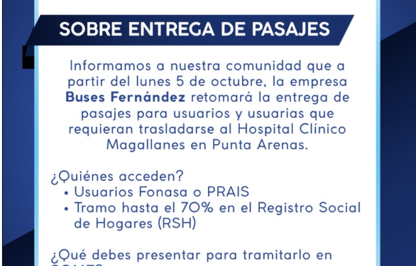 Buses Fernandez retoma la entrega de pasajes para traslado de pacientes de Puerto Natales al Hospital Clinico, en capital regional.