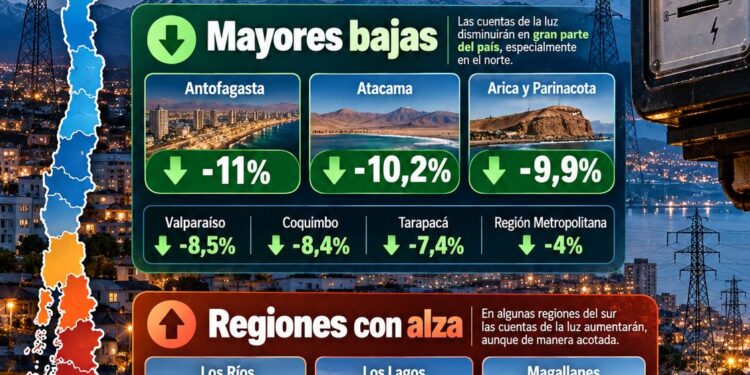 Cuentas de la luz bajarán en 13 regiones de Chile desde enero de 2027: Magallanes tendrá un alza de 2,4%