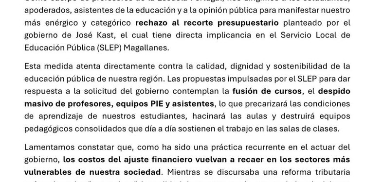 Profesores de la Escuela Portugal expresan rechazo a eventual recorte presupuestario que afectaría al SLEP Magallanes